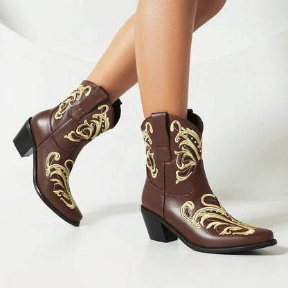 Embroidery Metallic Studded Square Toe Chunky Heel Western Boots