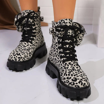 Leopard Print Pocket Decor Round Toe Lace Up Ankle Boots