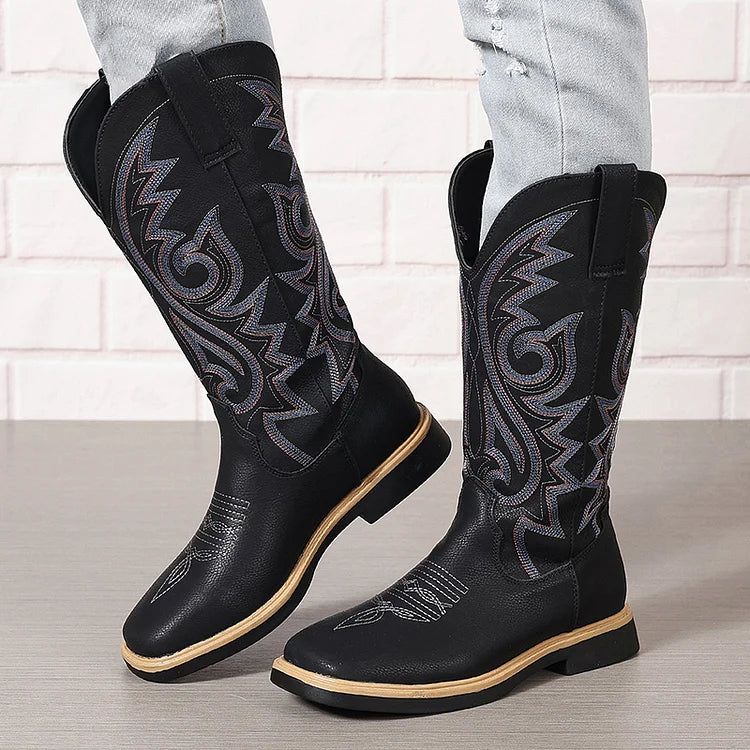 V Groove Embroidery Stitch Detail Square Toe Patchwork Mid Calf Boots