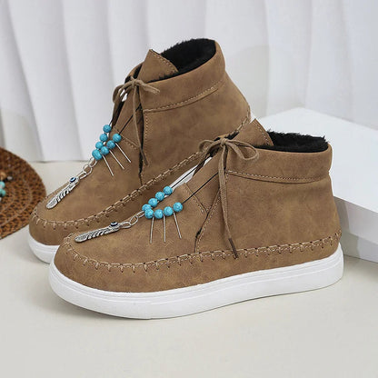 Beads Feather Pendant Stitch Detail Round Toe Ankle Boots