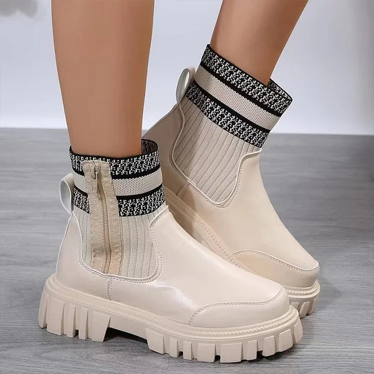 Patchwork Zipper Round Toe Casual Mid Boots