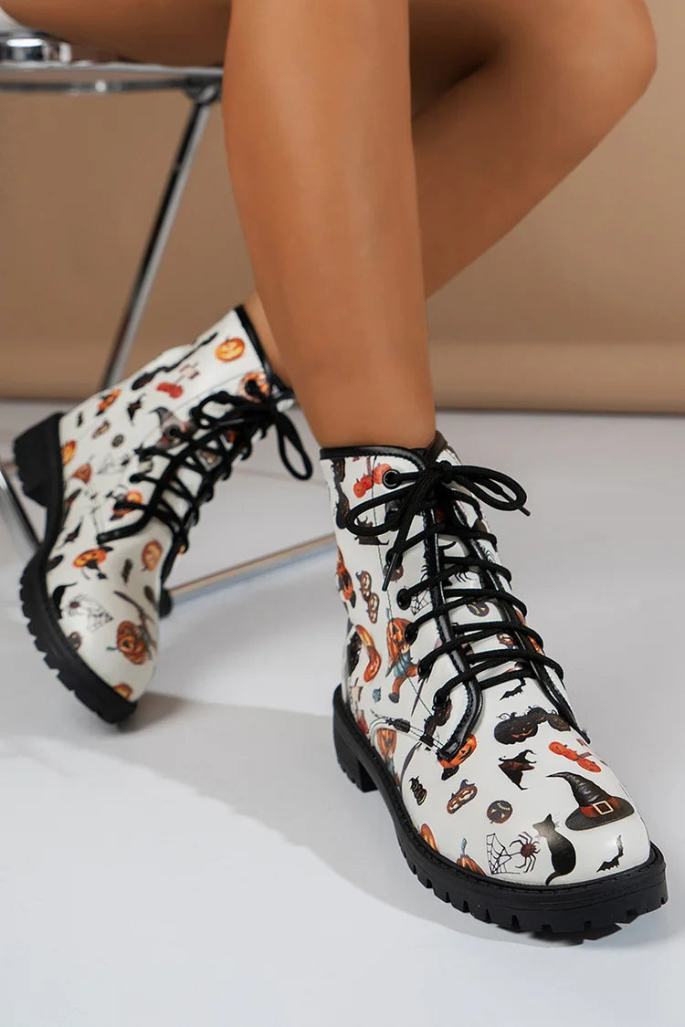 Colorful Floral Print Round Toe Low Block Heels Lace Up Ankle Boots