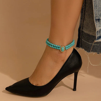 Fashion Boho Pearl Turquoise Beads Double Layer Anklet