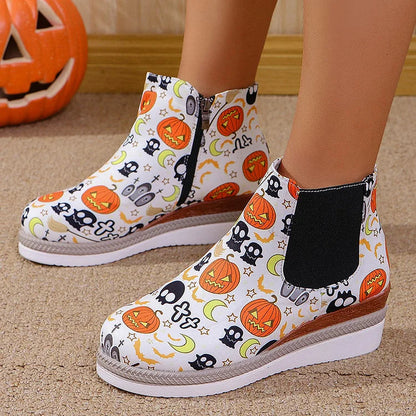 Halloween Roses Skull Print Round Toe Wedge Heel Ankle Boots