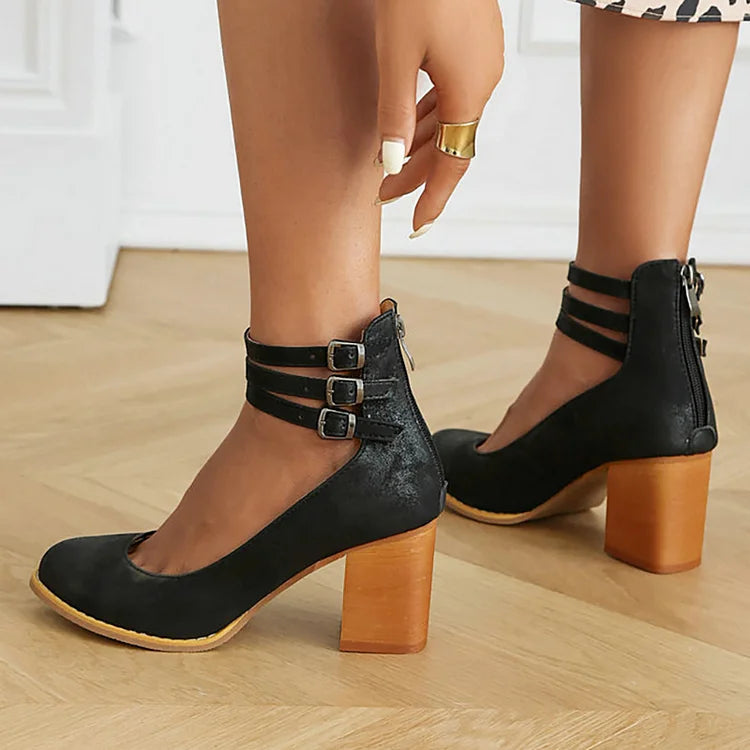 Casual Ankle Straps Buckles Plain Chunky Heels