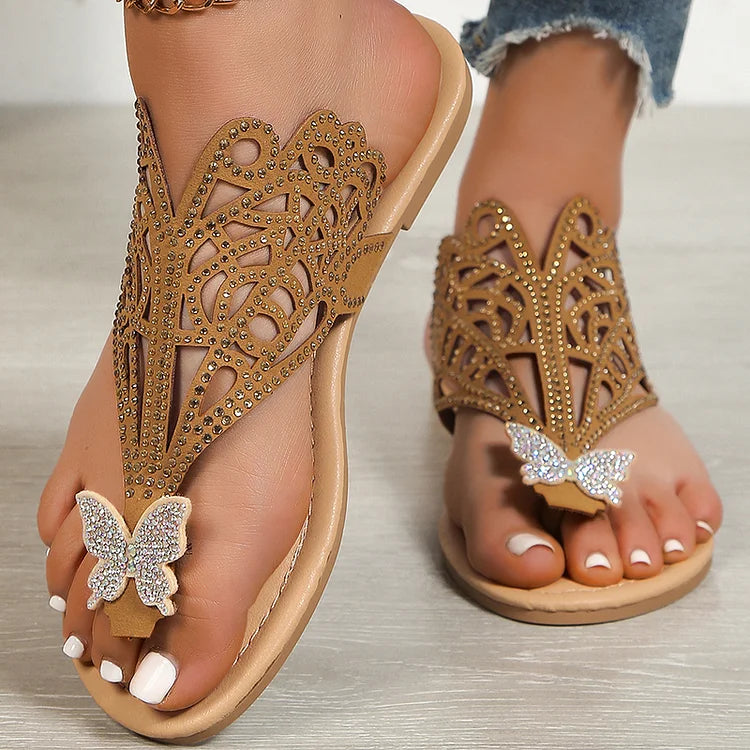 Rhinestone Butterfly Decor Hollow Out Flip Flops Slippers