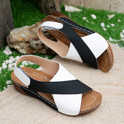 Quilted Color Block Magic Stick Closure Muffin Wedge Sandals