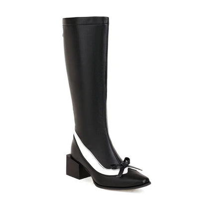 Bow Decor Zipper Colorblock Pointed Toe Chunky Heel Knee High Boots