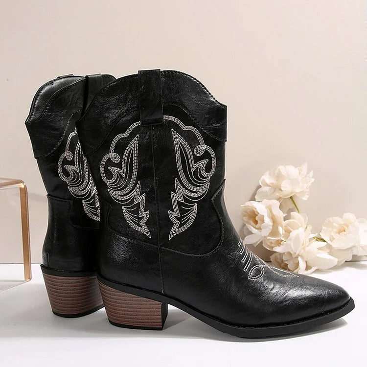 Patchwork Pointed Toe Embroidery Chunky Heel Mid Boots