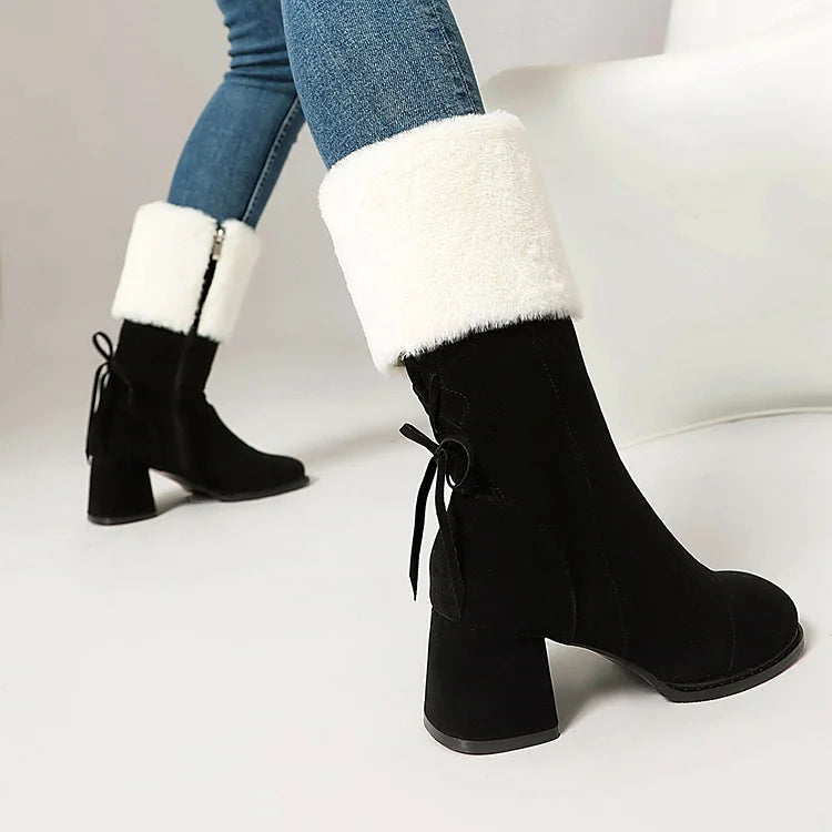 Christmas Colorblock Fluffy Trim Lace Up Square Toe Chunky Heel Mid Boots