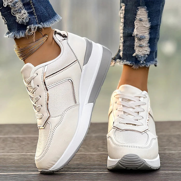 Contrast Binding Lace Up Quilted Casual Wedge Sneakers