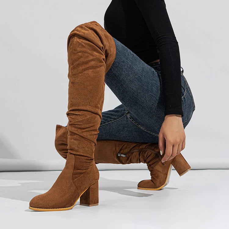 Patchwork Solid Plain Round Toe Chunky Heel Over The Knee Boots