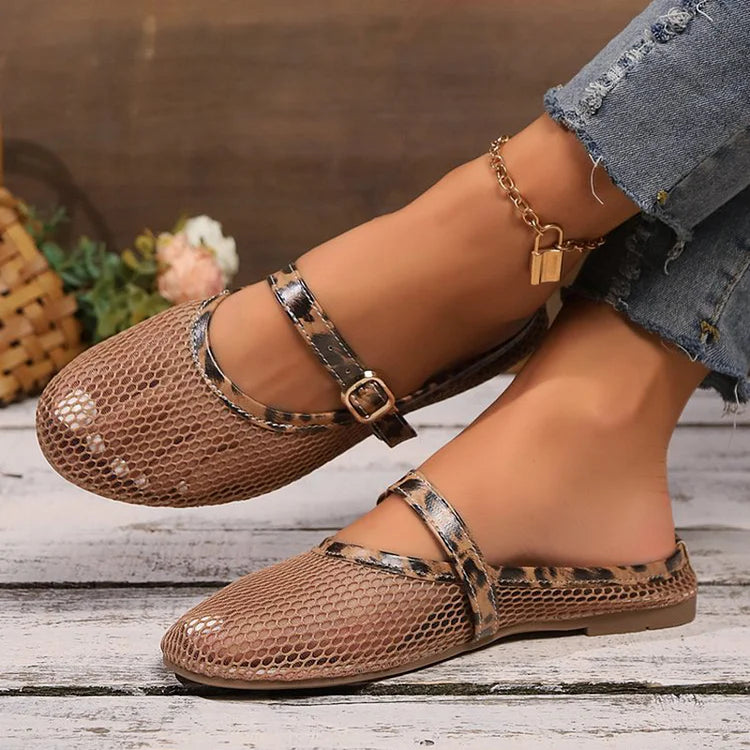 Hollow Out Mesh Instep Strap Plain Casual Round Toe Flats