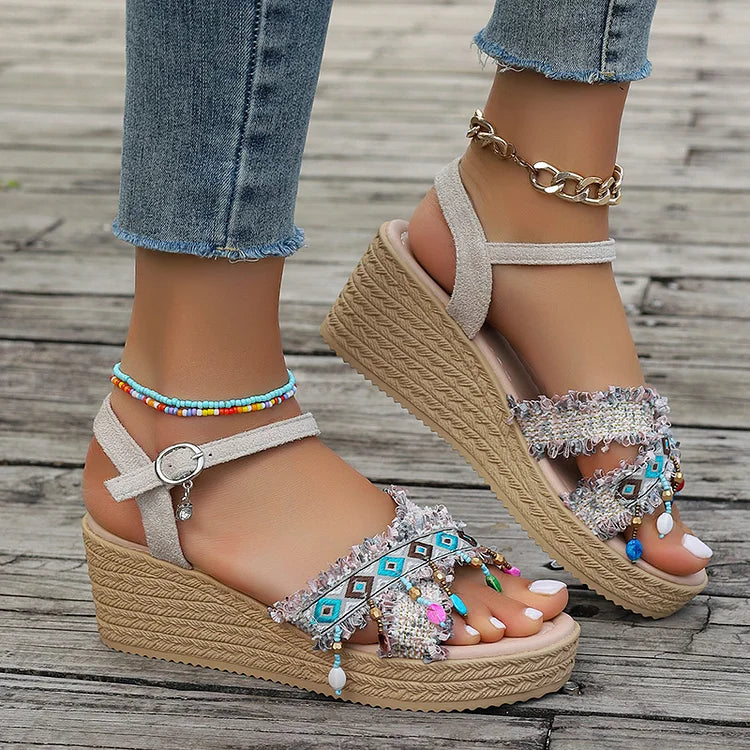 Ethnic Pattern Beaded Pendant Hanging Fringe Ankle Strap Wedge Sandals