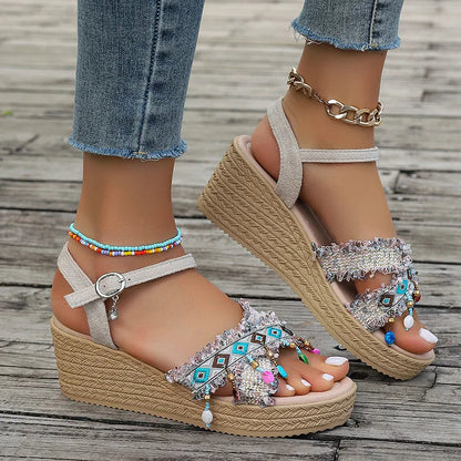 Ethnic Pattern Beaded Pendant Hanging Fringe Ankle Strap Wedge Sandals