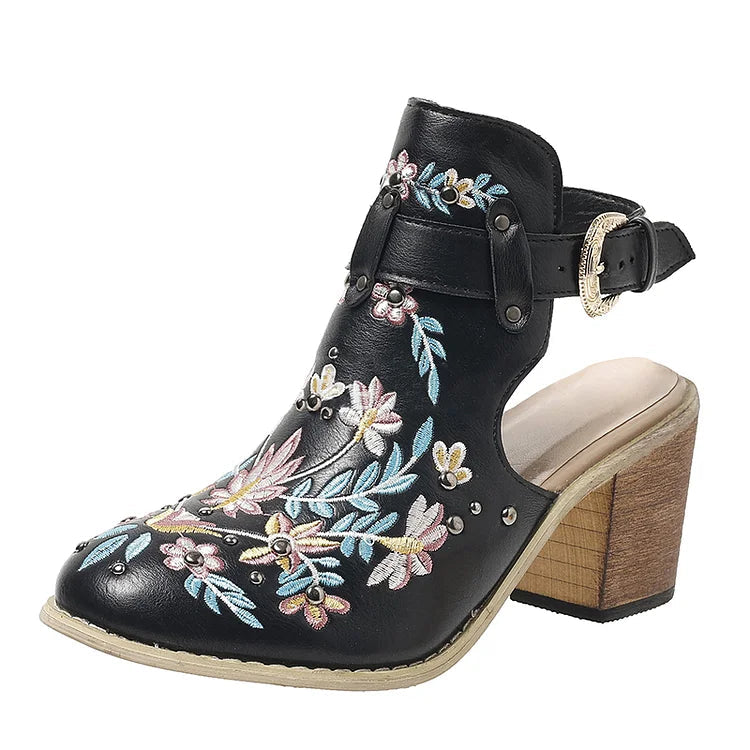 Floral Embroidery Metallic Studded Round Toe Slingback Chunky Heels