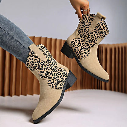 Patchwork Leopard Print Chunky Heel Round Toe Ankle Boots