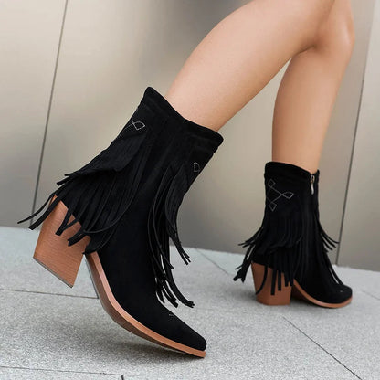 Multicolor Fringed Trim Zipper Pointed Toe Chunky Heel Western Boots