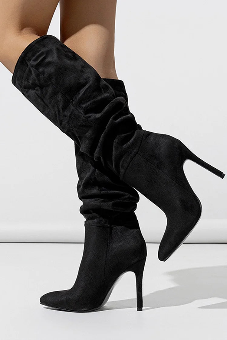 Solid Color Pointed Toe Stiletto Heel Pull On Slouch Knee High Boots