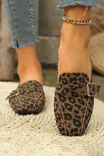 Leopard Print Strap Buckle Decor Square Toe Casual Loafers