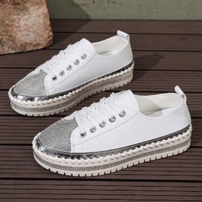 Rhinestone Decor Stitch Detail Round Toe Lace Up Sneakers