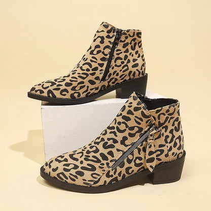 Leopard Print Zipper Pointed Toe Chunky Heel Ankle Boots