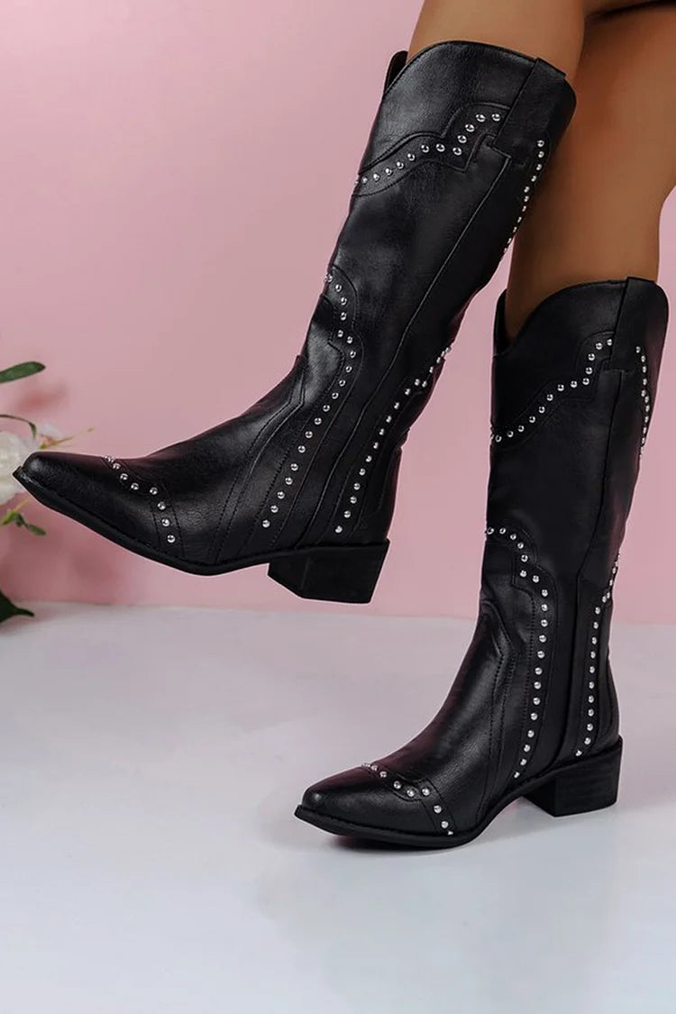 Metallic Studded Patchwork Pointed Toe Chunky Heel Knee High Boots