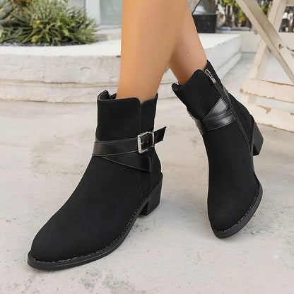 Patchwork Crossover Strap Buckle Pointed Toe Chunky Heel Mid Boots