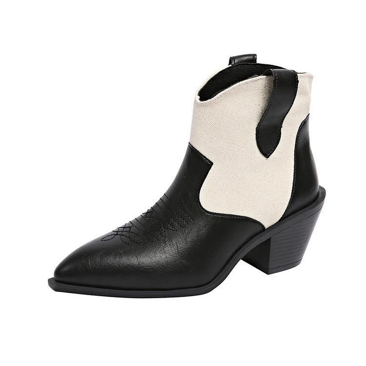 Colorblock Stitch Detail Pointed Toe Chunky Heel Mid Boots