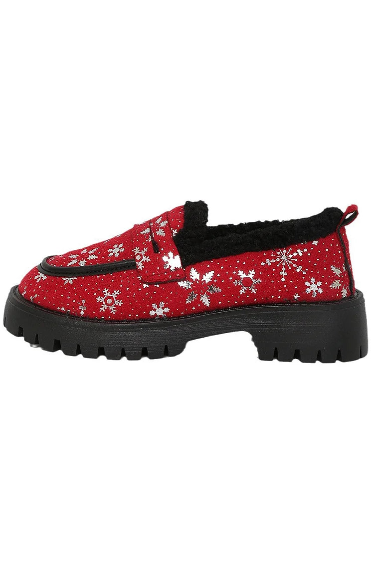 Christmas Snowflake Print Fleece Lined Round Toe Loafers