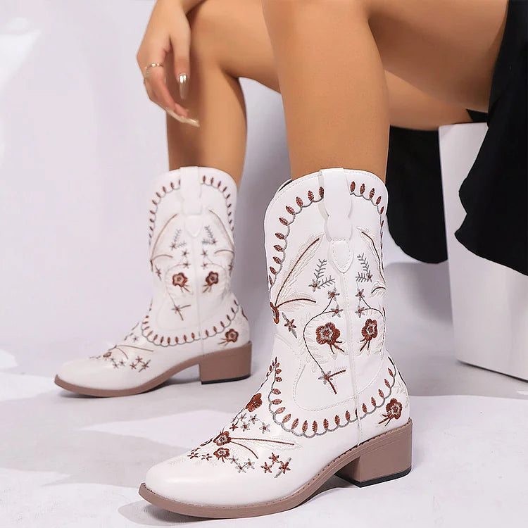 Boho Floral Embroidery V Cut Square Toe Chunky Heel Mid Boots