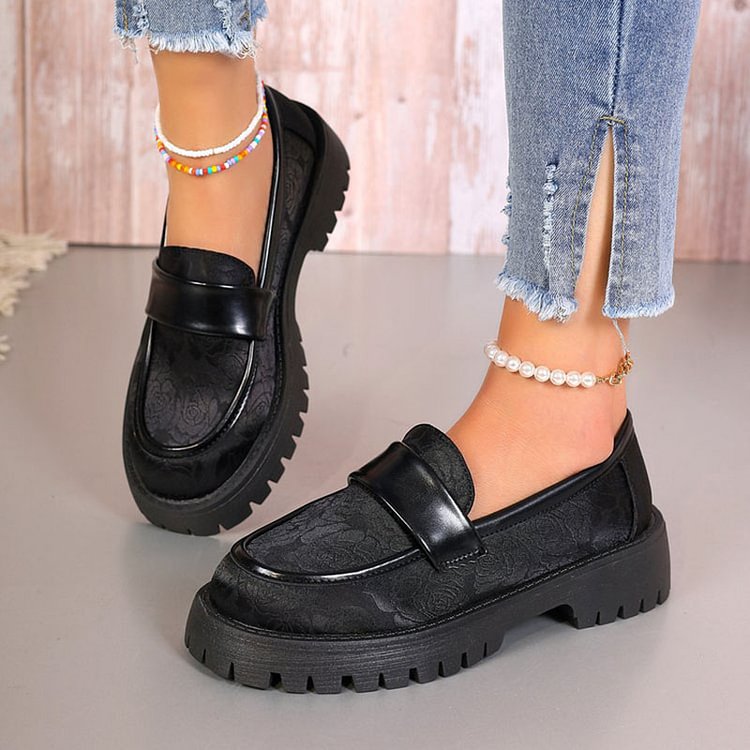 Allover Print Patchwork Round Toe Platform Muffin Loafers