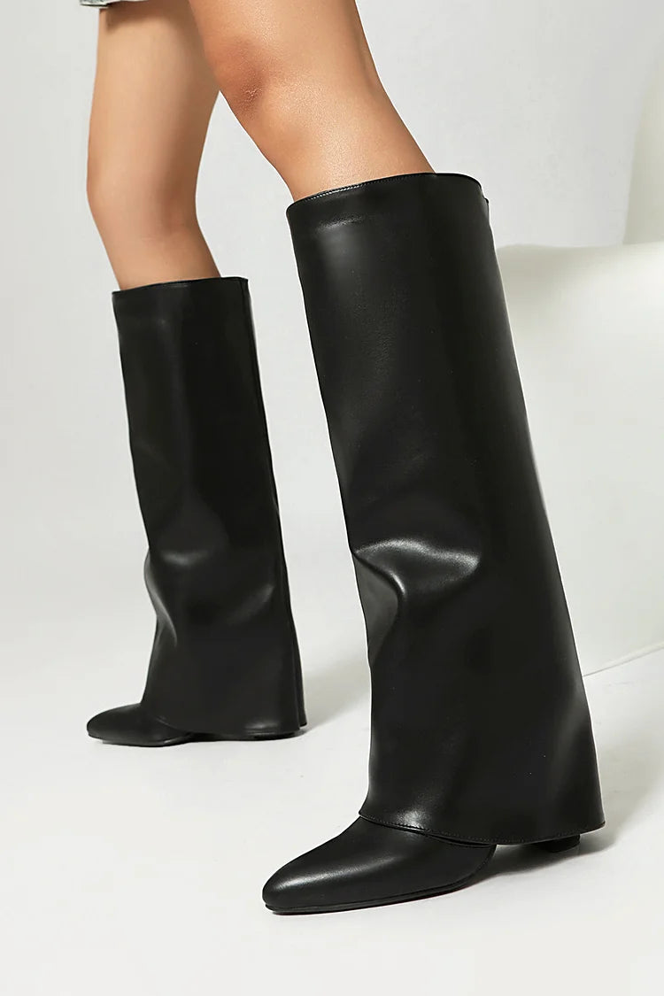 Fold Over Solid Color Pointed Toe Chunky Heel Knee High Boots