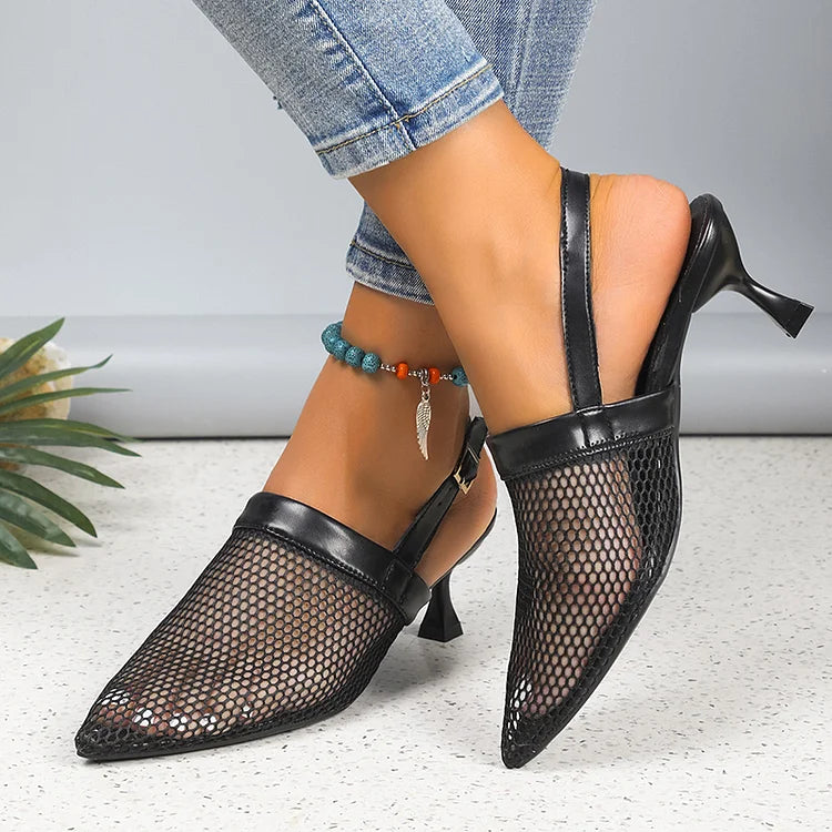 Hollow Out Mesh Slingback Strap Buckle Pointy Toe Stiletto Heels