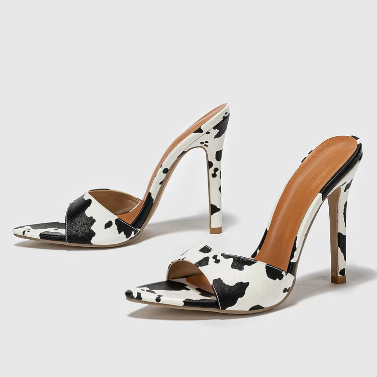 Dairy Cow Pattern Print Pointed Toe Stiletto Slippers