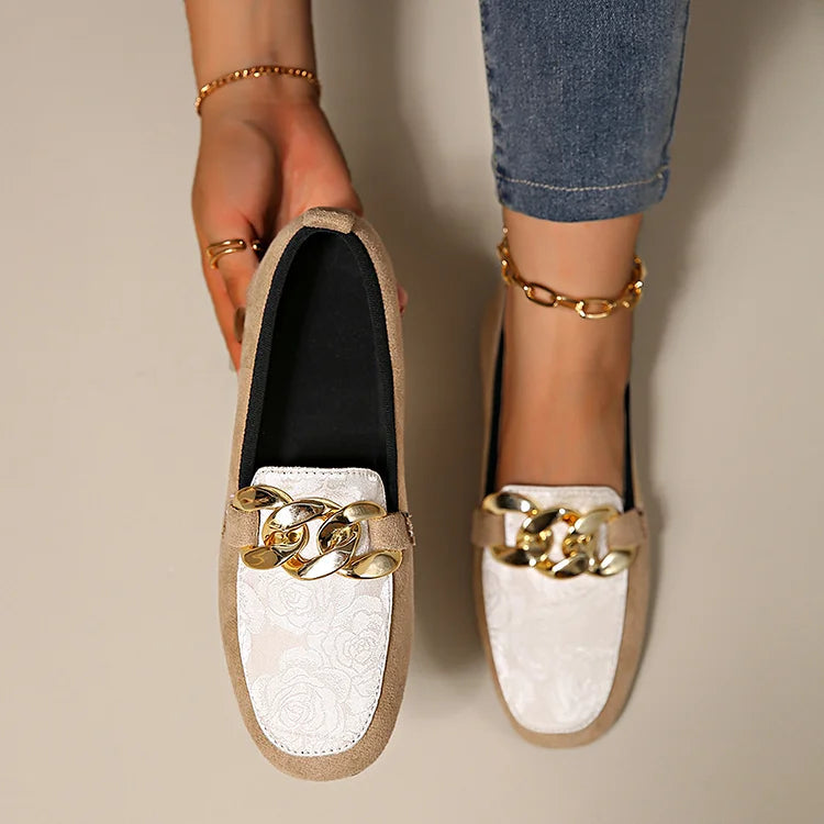 Floral Jacquard Patchwork Metal Chain Decor Round Toe Loafers