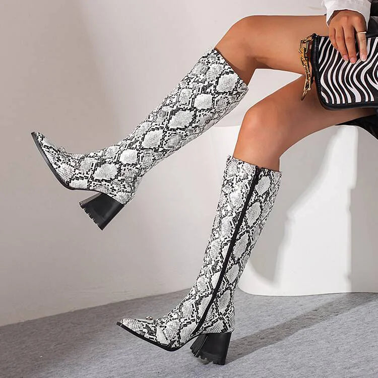 Snake Print Rhinestone Decor Pointed Toe Chunky Heel Knee High Boots