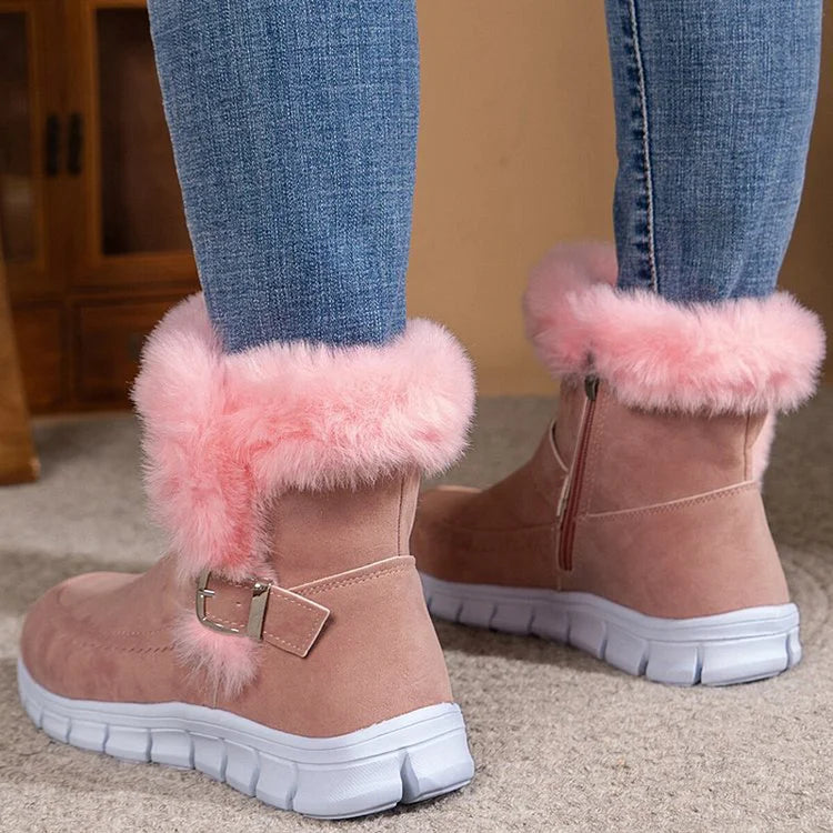 Fluffy Trim Patchwork Strap Buckle Round Toe Snow Boots