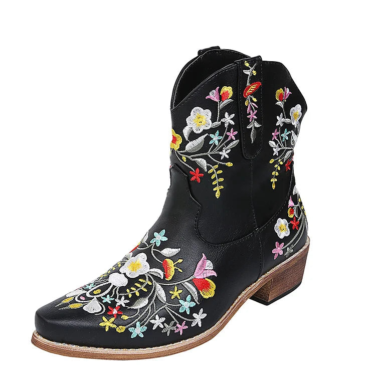 Floral Embroidery Pointed Toe Patchwork Chunky Heel Cowgirl Boots