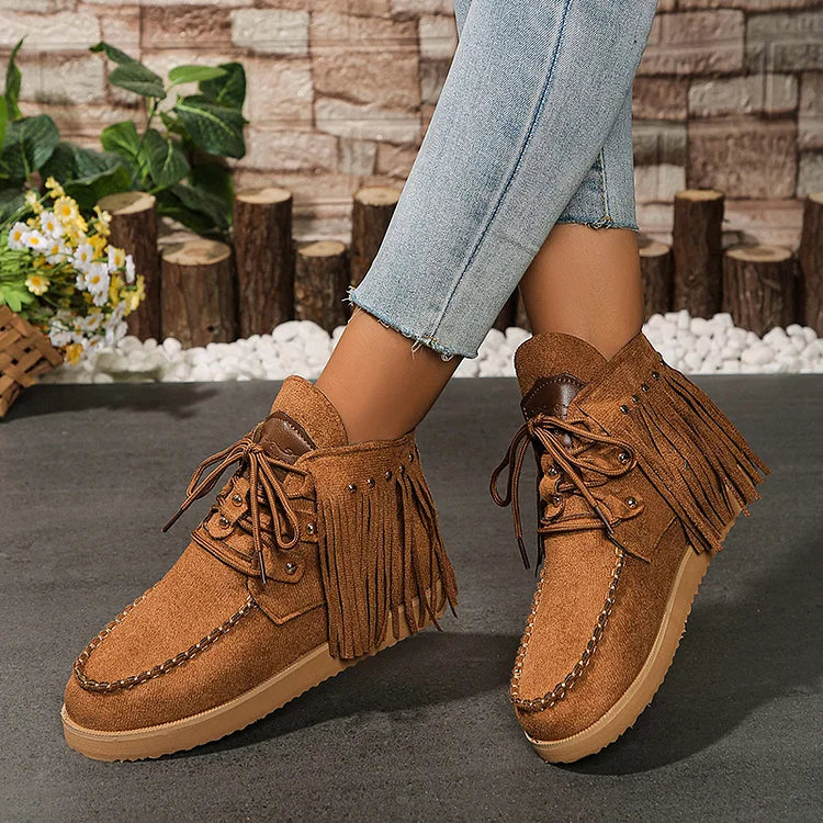 Fringed Trim Round Toe Metal Rivets Lace Up Ankle Boots