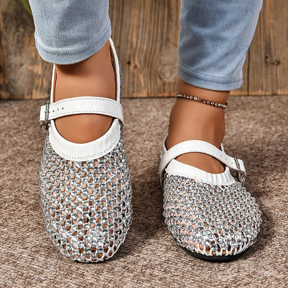 Hollow Out Rhinestone Decor Instep Strap Buckle Round Toe Flats