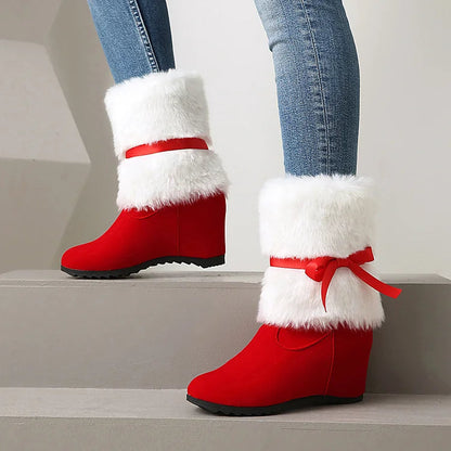 Christmas Fluffy Tied Up Bow Round Toe Wedge Heel Mid Boots