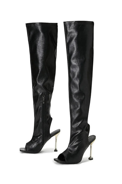 Open Toe Zipper Solid Color Slingback Stiletto Heel Over The Knee Boots