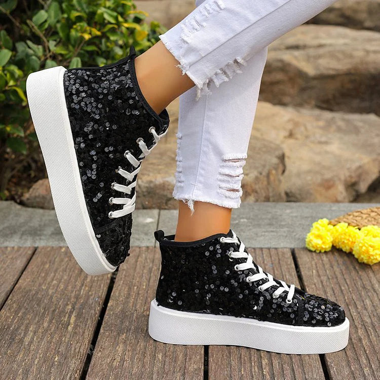 Sequins Decor Round Toe Lace Up Casual High Top Sneakers