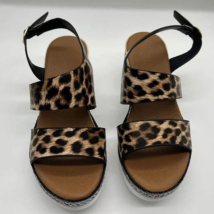 Leopard Print Openwork Slingback Strap Buckle Wedge Espadrille Sandals