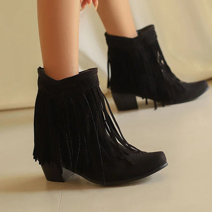 Pointed Toe Braided Fringed Trim Solid Color Chunky Heel Mid Boots