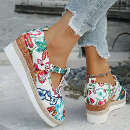 Floral Print Round Toe T-Strap Buckle Wedge Heel Sandals