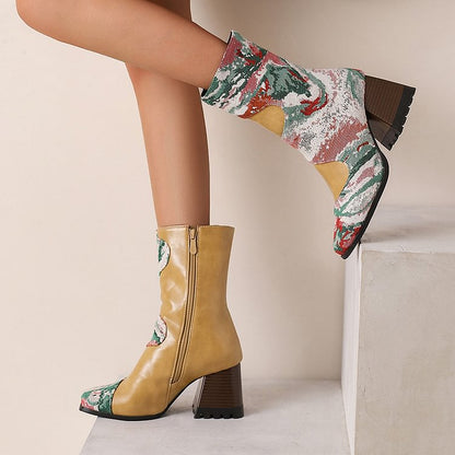 Snake Print Patchwork Square Toe Chunky Heel Mid Calf Boots