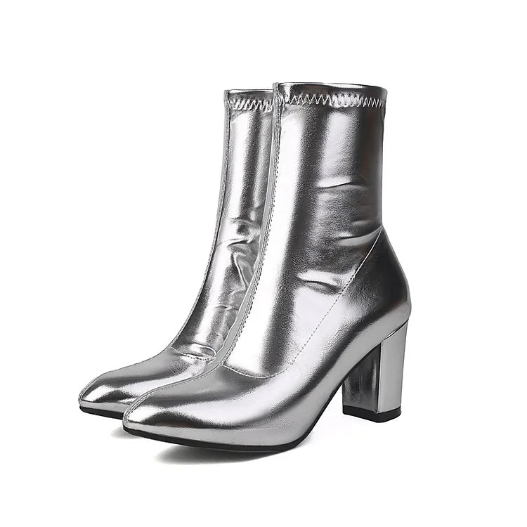 Metallic Sheen Zipper Stitch Detail Round Toe Chunky Heel Mid Boots