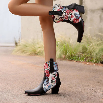 Floral Print Patchwork Chunky Heel Pointed Toe Ankle Boots